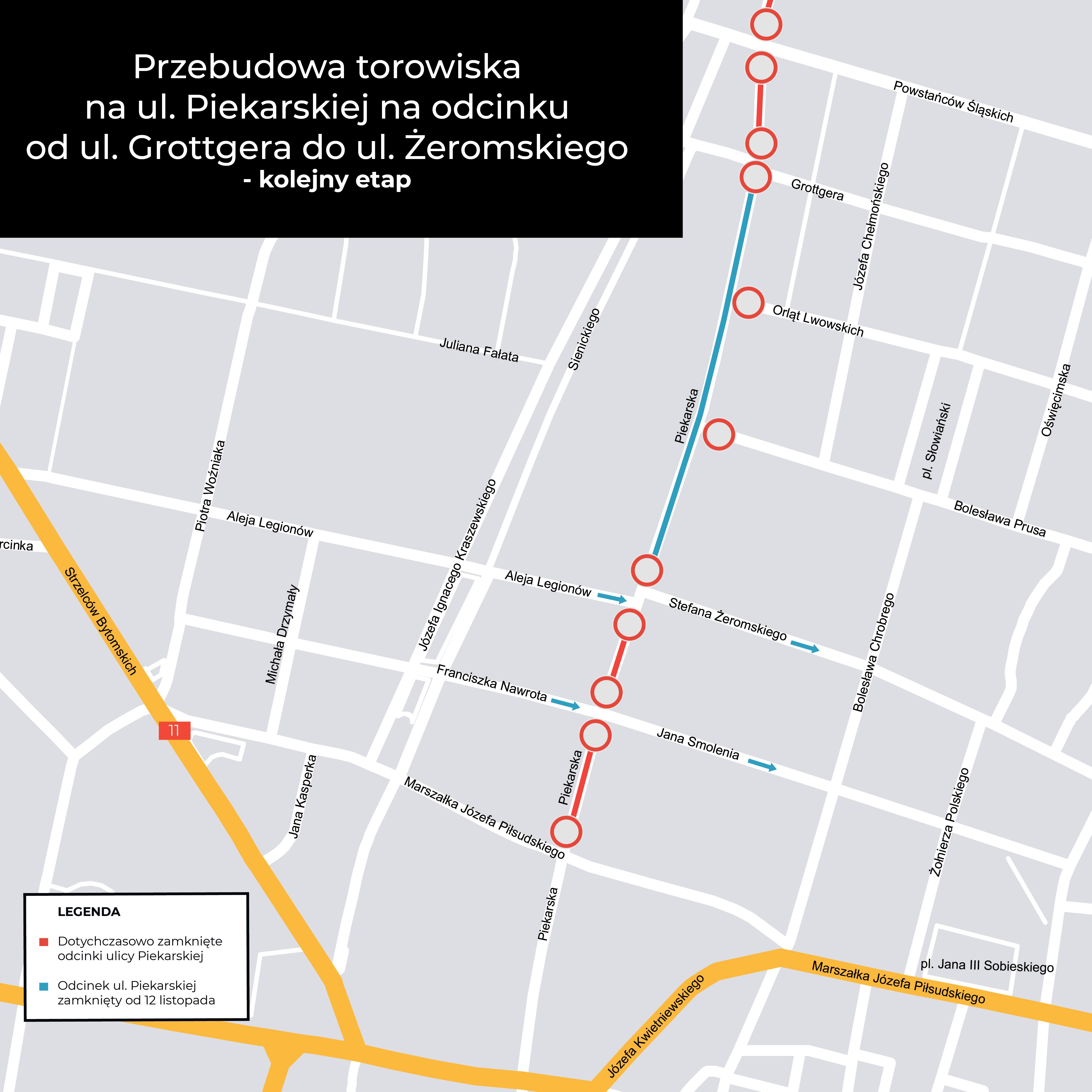 Mapa zmian od 12 listopada na ul Piekarskiej w Bytomiu w zwizku z przebudow torowiska tramwajowego i ukadu drogowego